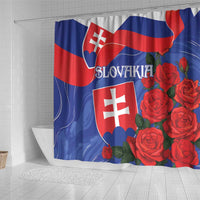 Slovakia flag rose shower curtain, blue and red pattern with shield crest