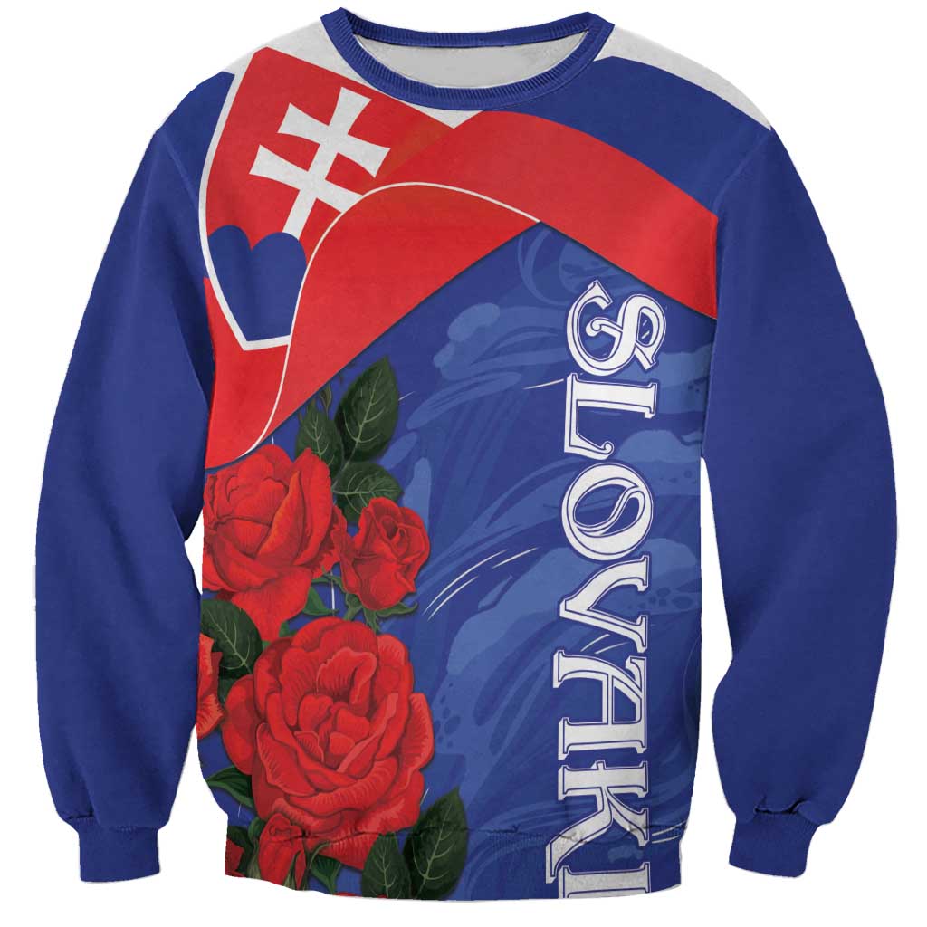 Blue crewneck sweatshirt with Slovak flag, red roses, and GO text print