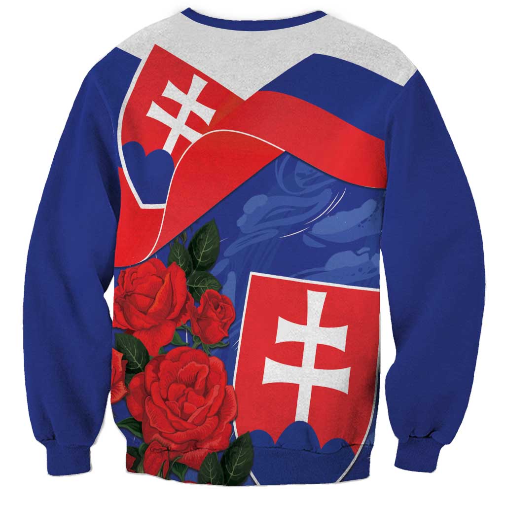 Blue crewneck sweatshirt with Slovak flag panels, red roses, and vertical text