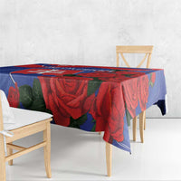 Rose and Slovakia flag tablecloth draped over dining table