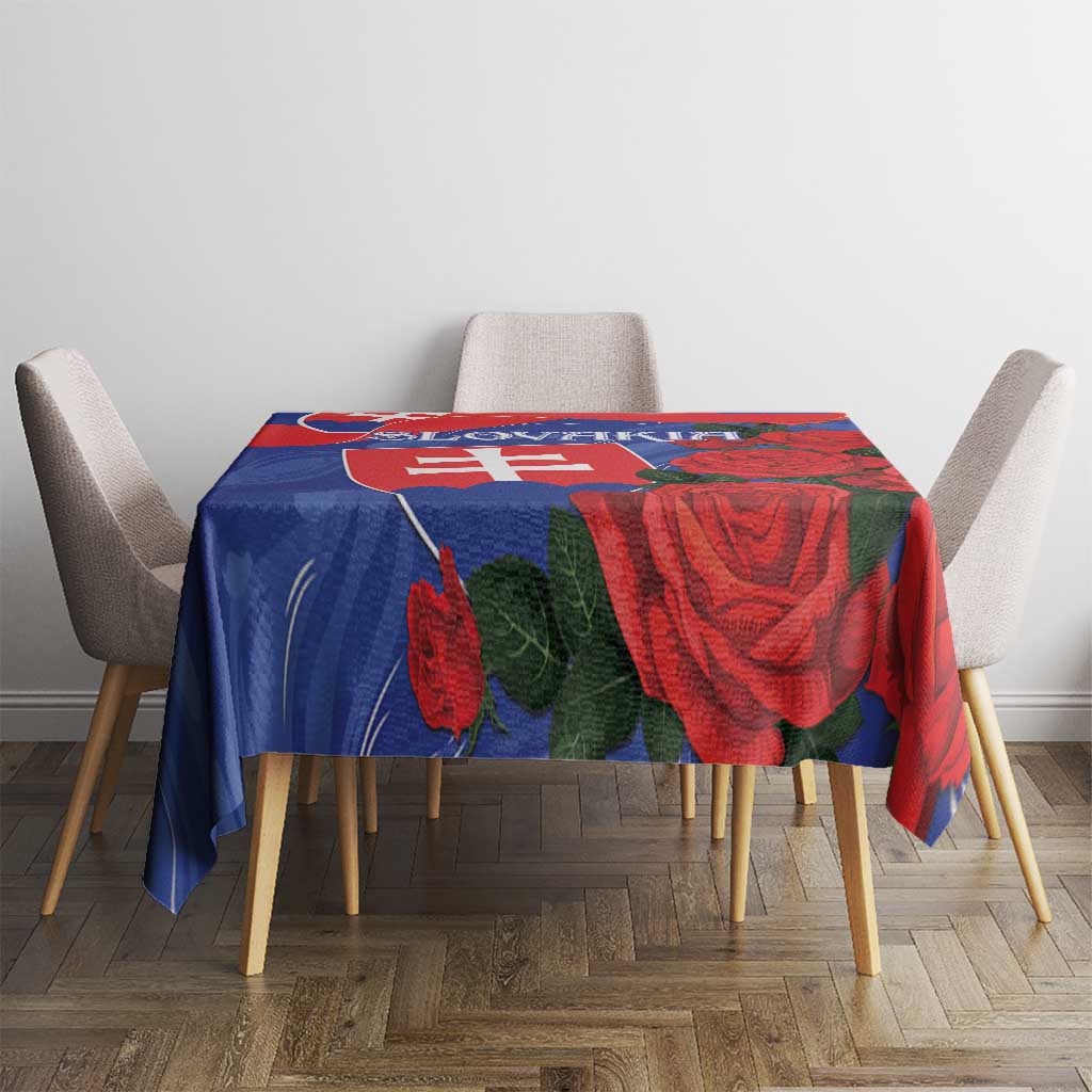 Square rose Slovakia flag tablecloth on dining table with chairs