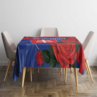 Square rose Slovakia flag tablecloth on dining table with chairs