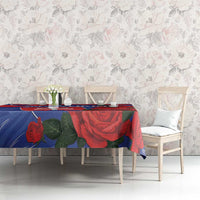 Rose and Slovakia flag tablecloth over long dining table with chairs