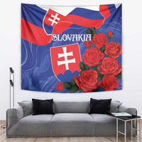 Slovakia flag wall tapestry featuring red roses, white cross shield, and waving blue design