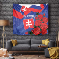 Slovakia flag tapestry with red roses cluster, white emblem shield, and blue wave background