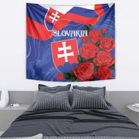 Slovakia flag tapestry with red shield emblem, “SLOVAKIA” text, and rose artwork