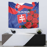 Slovakia flag tapestry with blue wave swirls, white shield cross, and red rose border