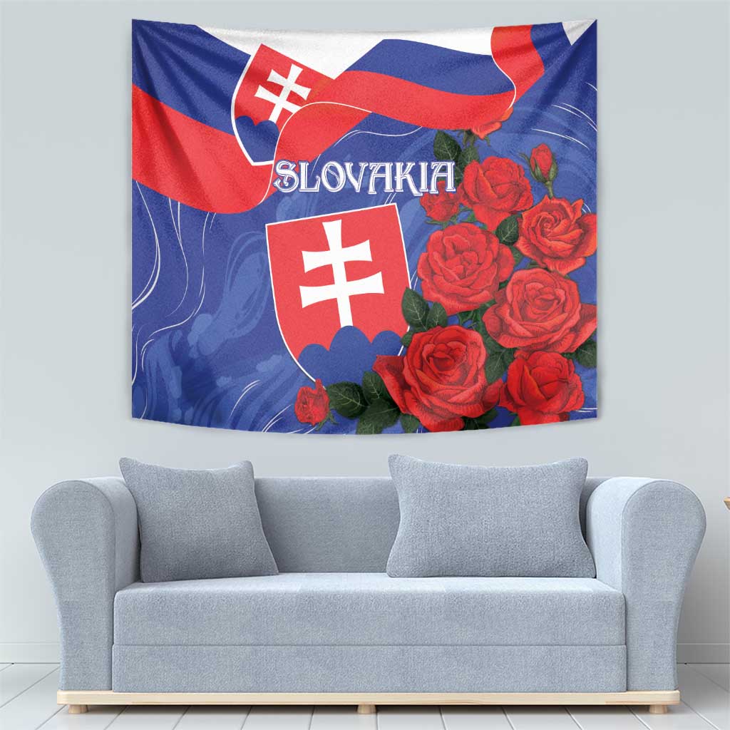 Slovakia flag tapestry with red shield emblem, roses, and flowing blue pattern