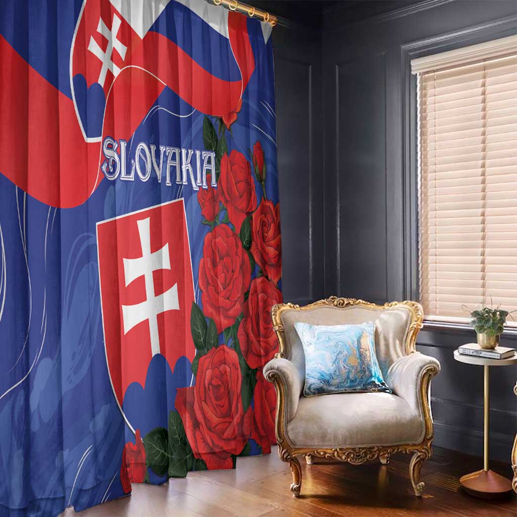 Slovak flag rose window curtains, blue and red flag design with red roses and greenery