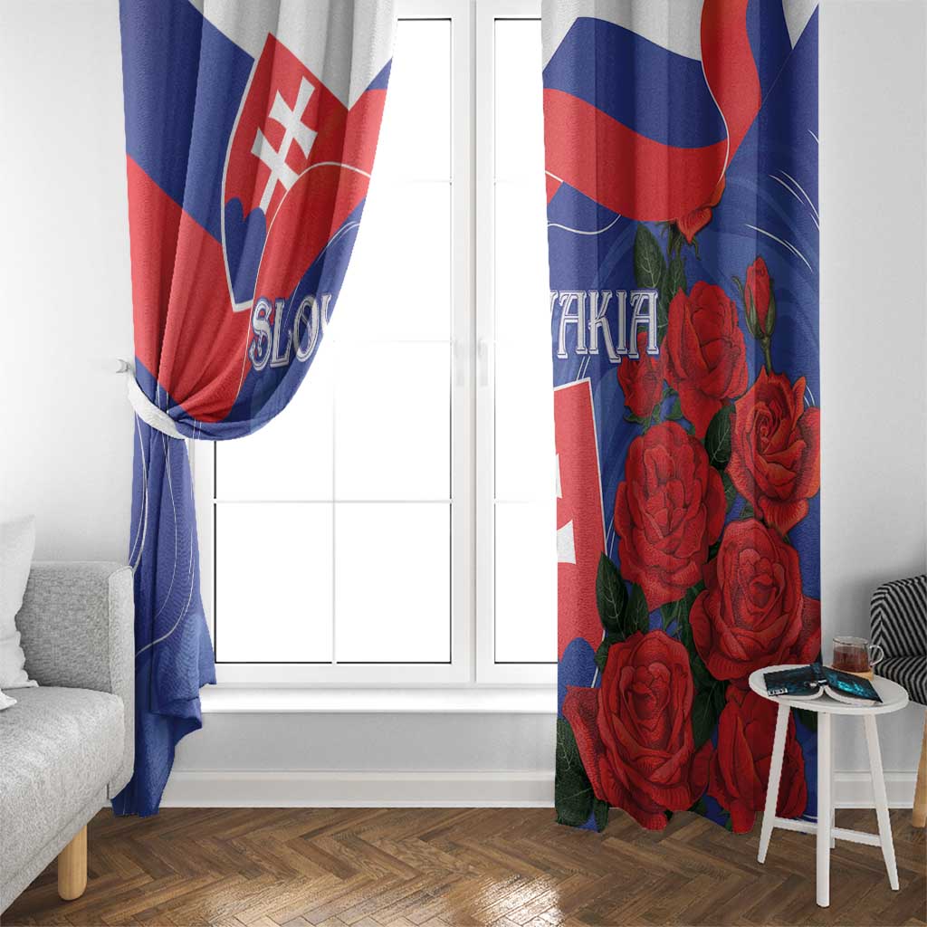 Slovak flag rose window curtains on a window, blue and red flag with red roses