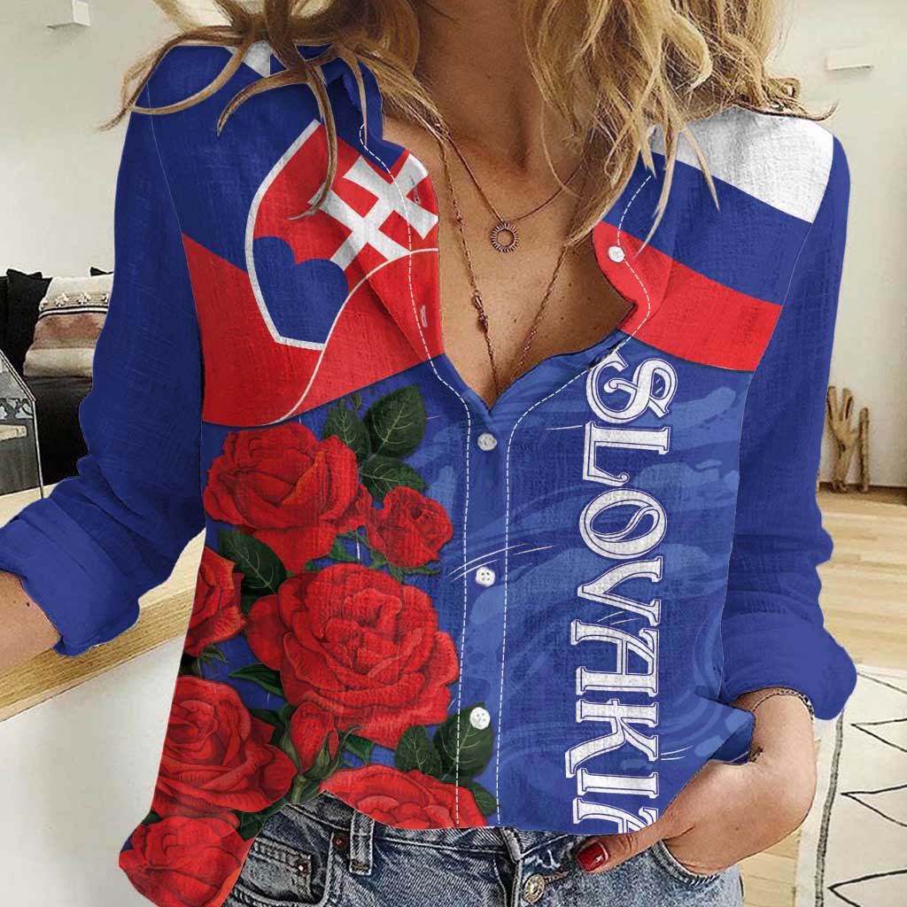 Slovakia Flag Mixed Rose Flowers Women Casual Shirt - Wonder Print Shop