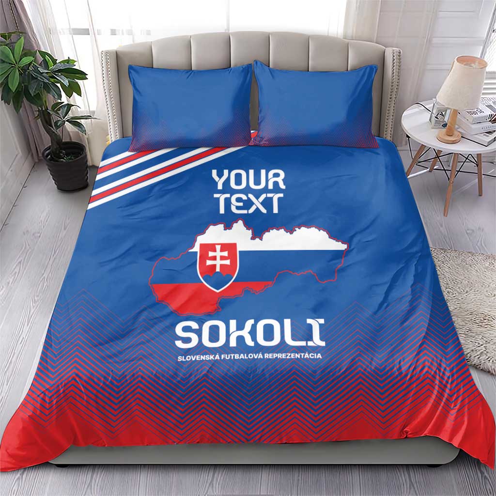 Blue football bedding set on bed, with Slovakia map crest and red chevron zigzag