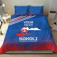 Blue football bedding set with Slovakia map crest and red zigzag hem, two matching pillowcases