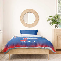 Blue and red football bedding set with Slovakia crest, low view with two pillowcases