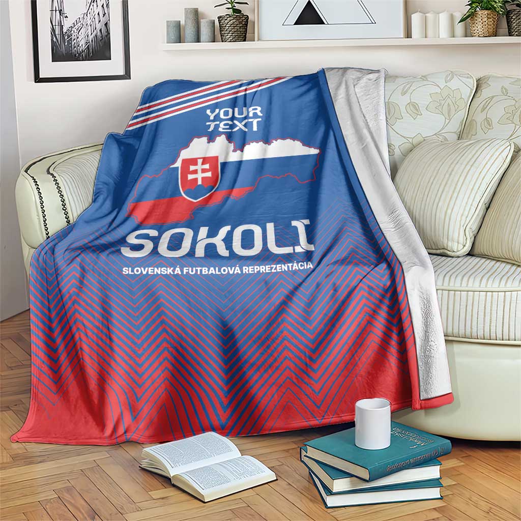 Blue and red Slovakia football blanket with crest, 'YOUR TEXT' and SOKOL; gray reverse edge