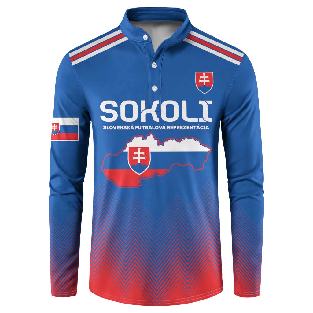 Blue button-front football sweatshirt with Slovakia crest, flag stripe details, zigzag hem