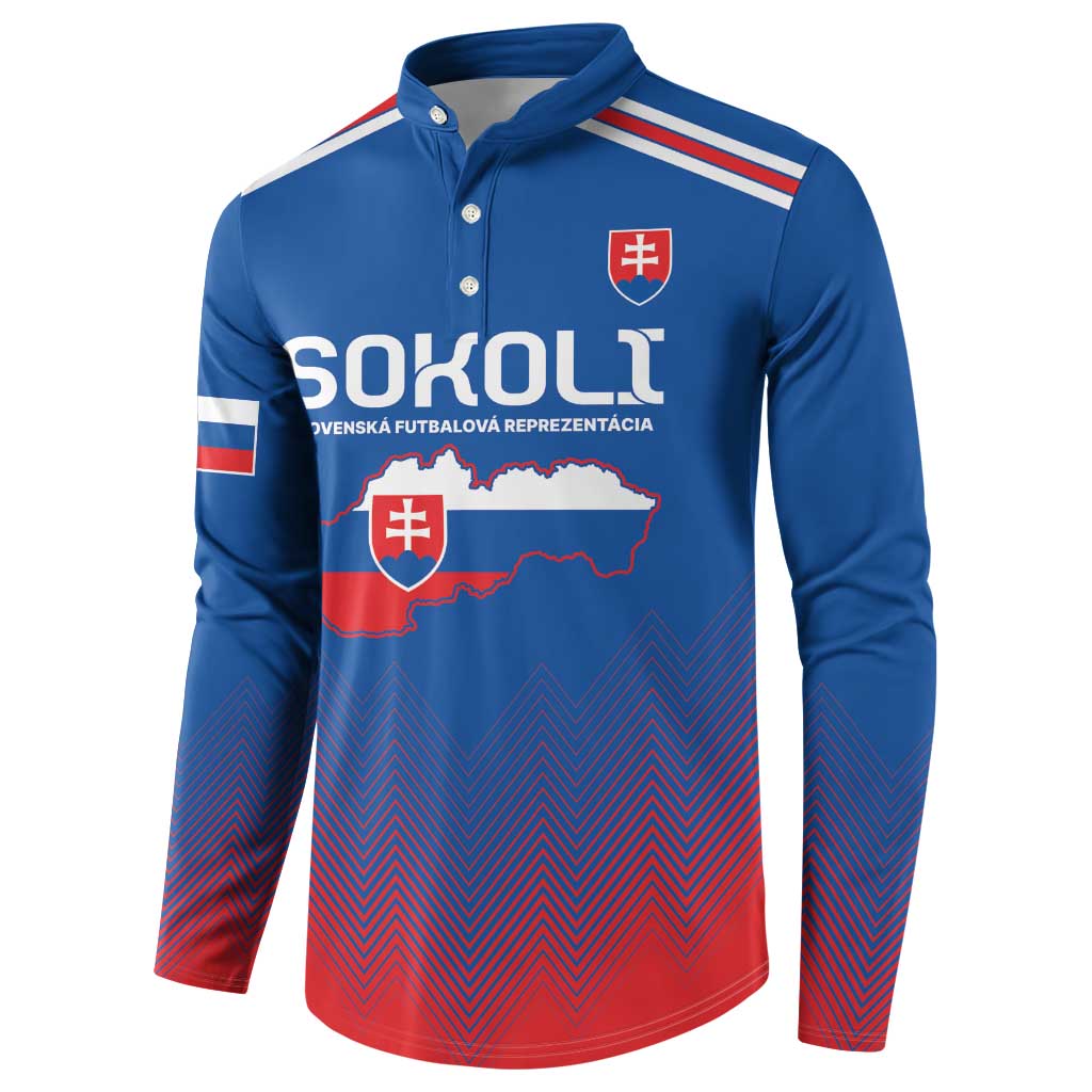 Blue button-front football sweatshirt with SOKOLT logo, Slovakia crest and flag sleeve stripes