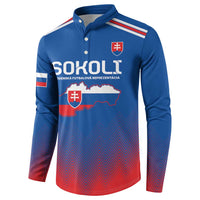 Blue button-front football sweatshirt with SOKOLT logo, Slovakia crest and flag sleeve stripes