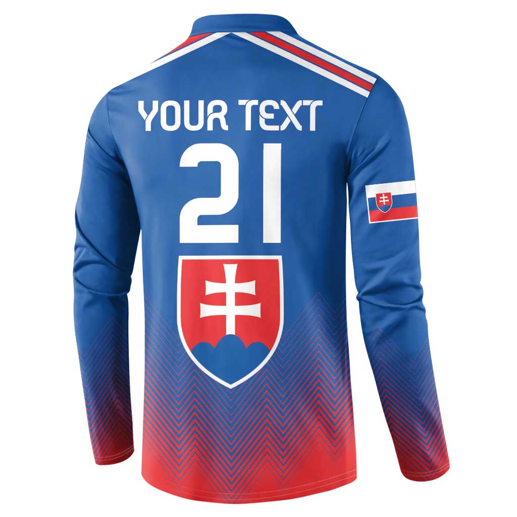 Blue football sweatshirt back with large 21, Slovakia shield emblem and zigzag red hem