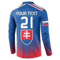 Blue football sweatshirt back with large 21, Slovakia shield emblem and zigzag red hem