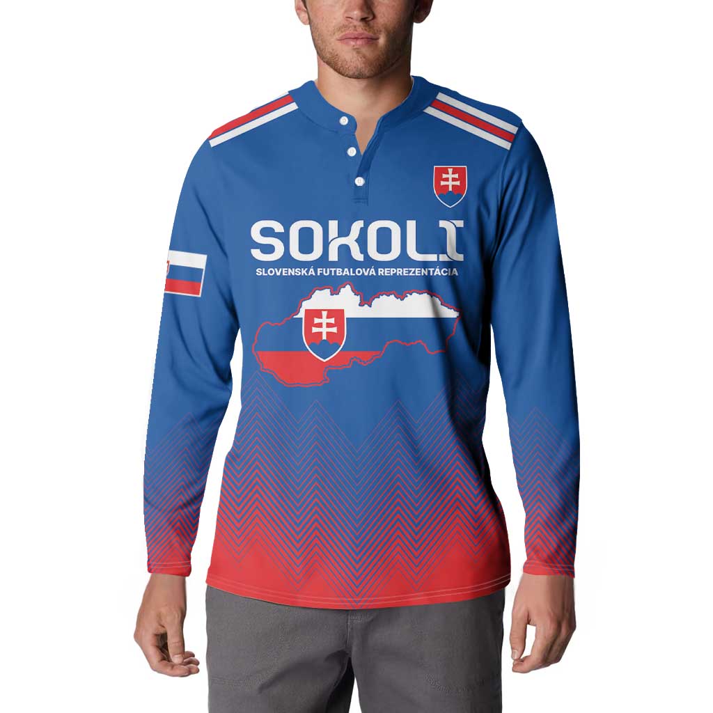 Blue button-front football sweatshirt with SOKOLT logo, Slovakia crest, and zigzag red base