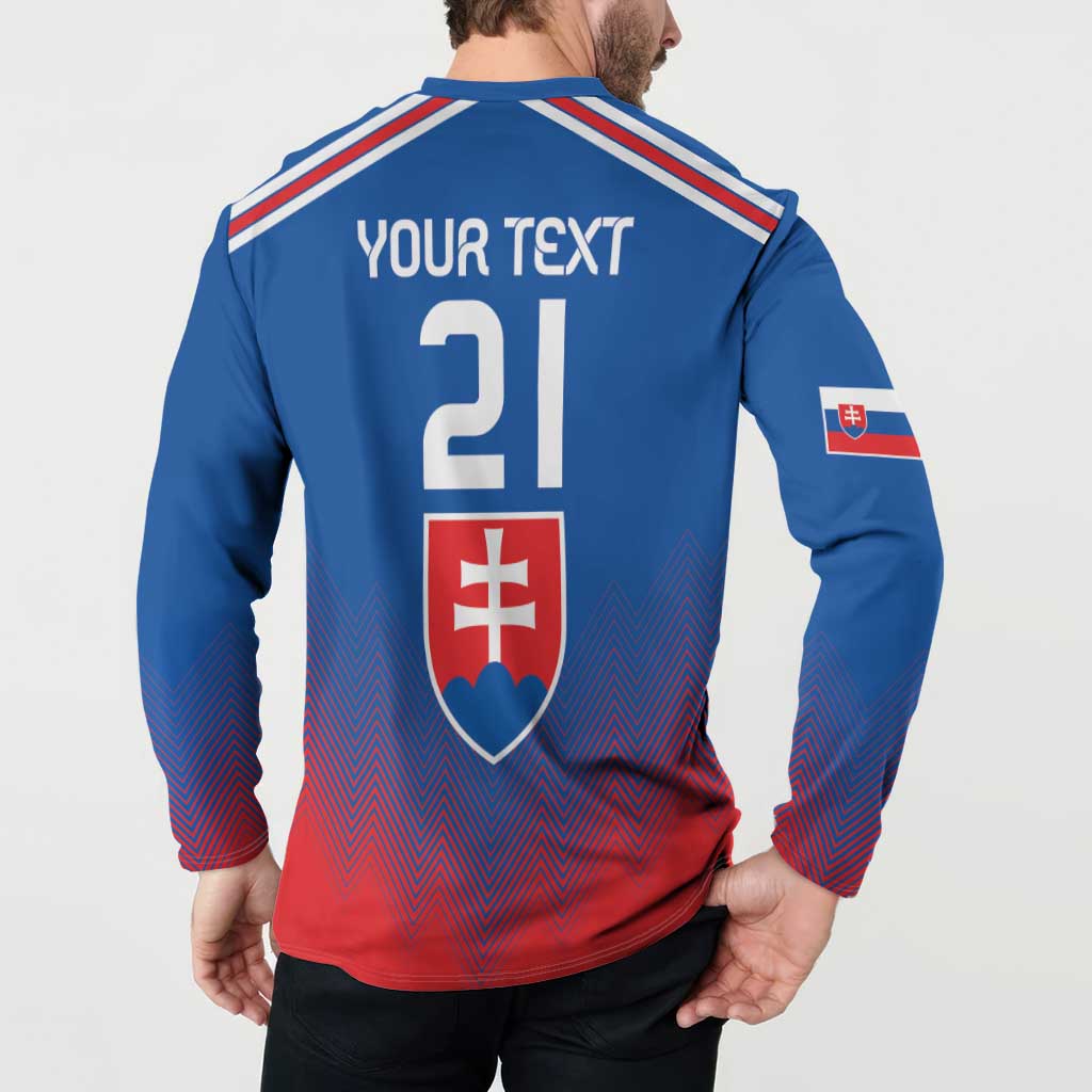 Blue football sweatshirt back with YOUR TEXT 21 and Slovakia shield emblem, zigzag hem