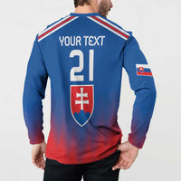 Blue football sweatshirt back with YOUR TEXT 21 and Slovakia shield emblem, zigzag hem