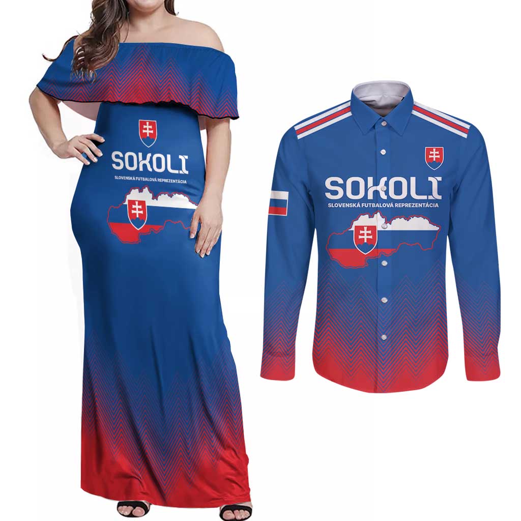 Custom Slovakia Football Couples Matching Off Shoulder Maxi Dress and Long Sleeve Button Shirt Come On Sokoli Falcons LT9 - Wonder Print Shop