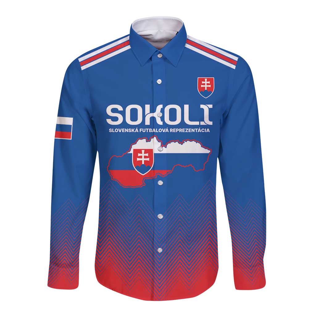 Blue custom football long-sleeve button shirt with front crest, text, and Slovakia map