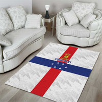 Area rug with Netherlands Antilles flag design, blue band with stars and red stripe on white