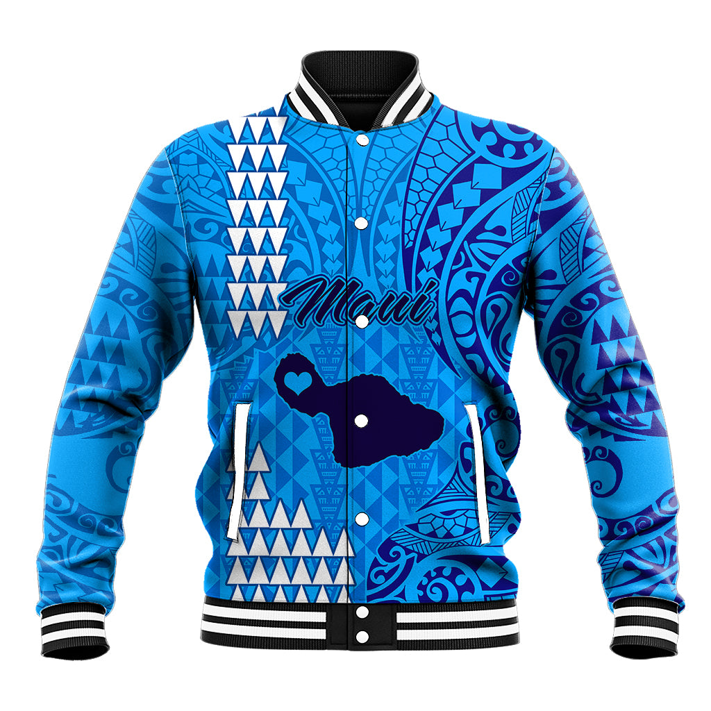Blue baseball jacket with tribal Polynesian pattern, snap-button front, striped ribbed collar