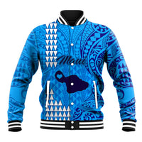 Blue baseball jacket with tribal Polynesian pattern, snap-button front, striped ribbed collar