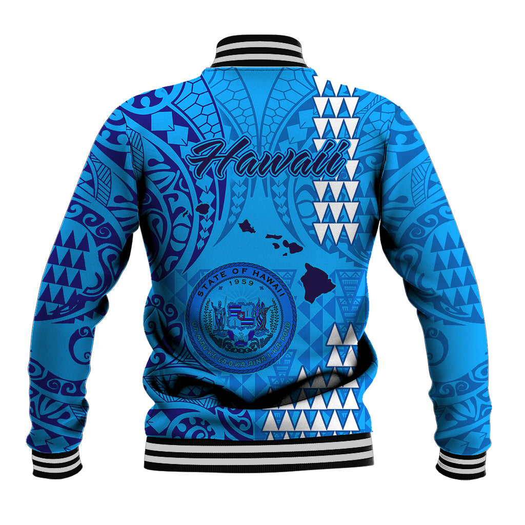 Blue baseball jacket back with large tribal print, snap-button placket, striped ribbed hem