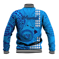 Blue baseball jacket back with large tribal print, snap-button placket, striped ribbed hem