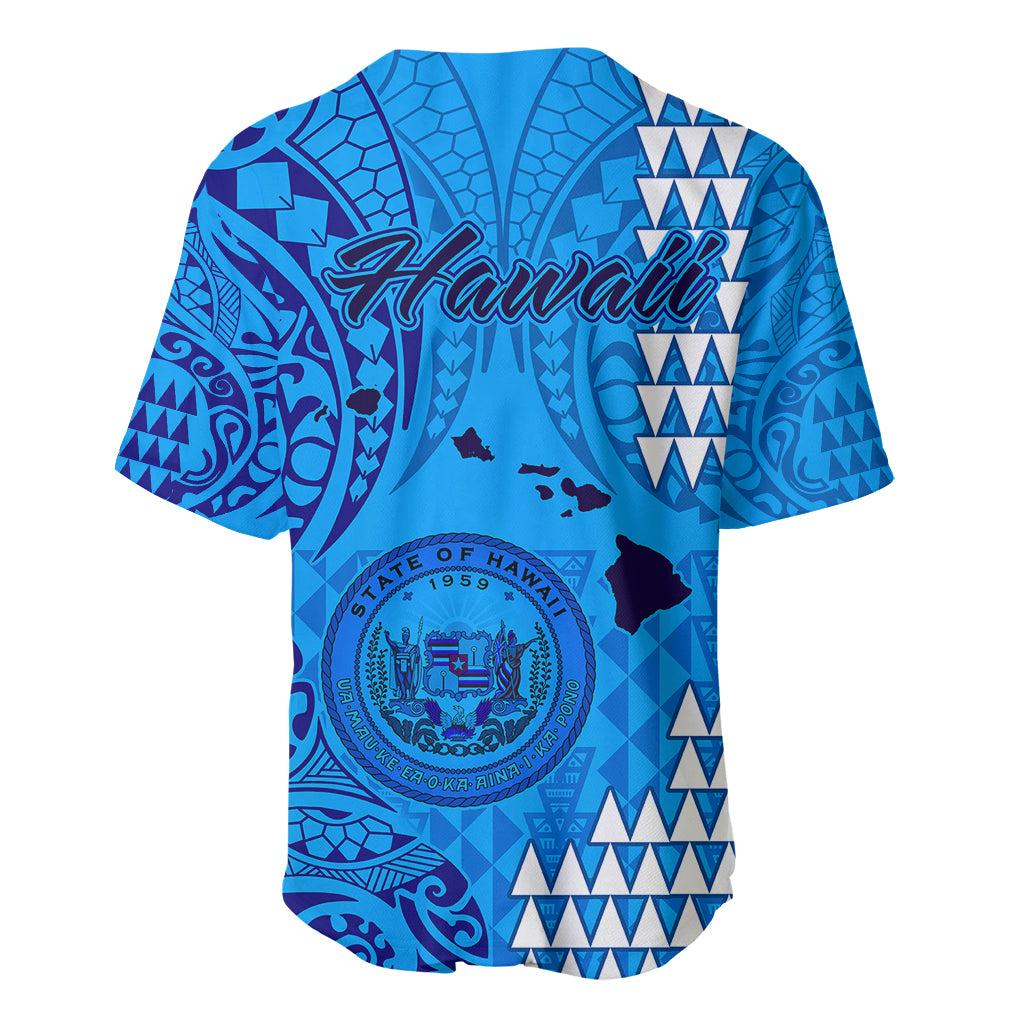 Blue baseball jersey with large Hawaii state seal and Polynesian tribal pattern, button front