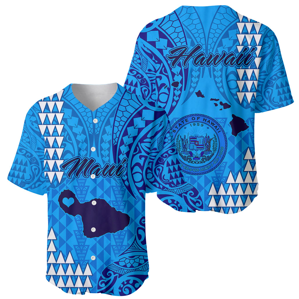 Blue baseball jersey with Polynesian tribal pattern, Hawaii script on chest, button front
