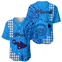 Blue baseball jersey with Polynesian tribal pattern, Hawaii script on chest, button front