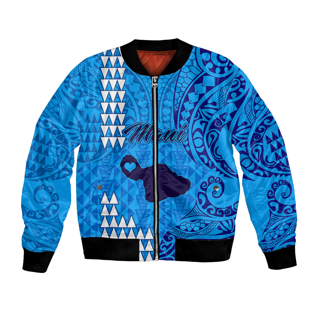 Blue unisex bomber jacket with full-zip front, black ribbed trim, tribal Polynesian print