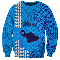 Unisex blue sweatshirt with Maui text and tribal map graphic, long sleeves