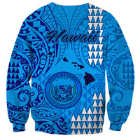 Unisex blue sweatshirt with Hawaii back seal, tribal patterns, long sleeves