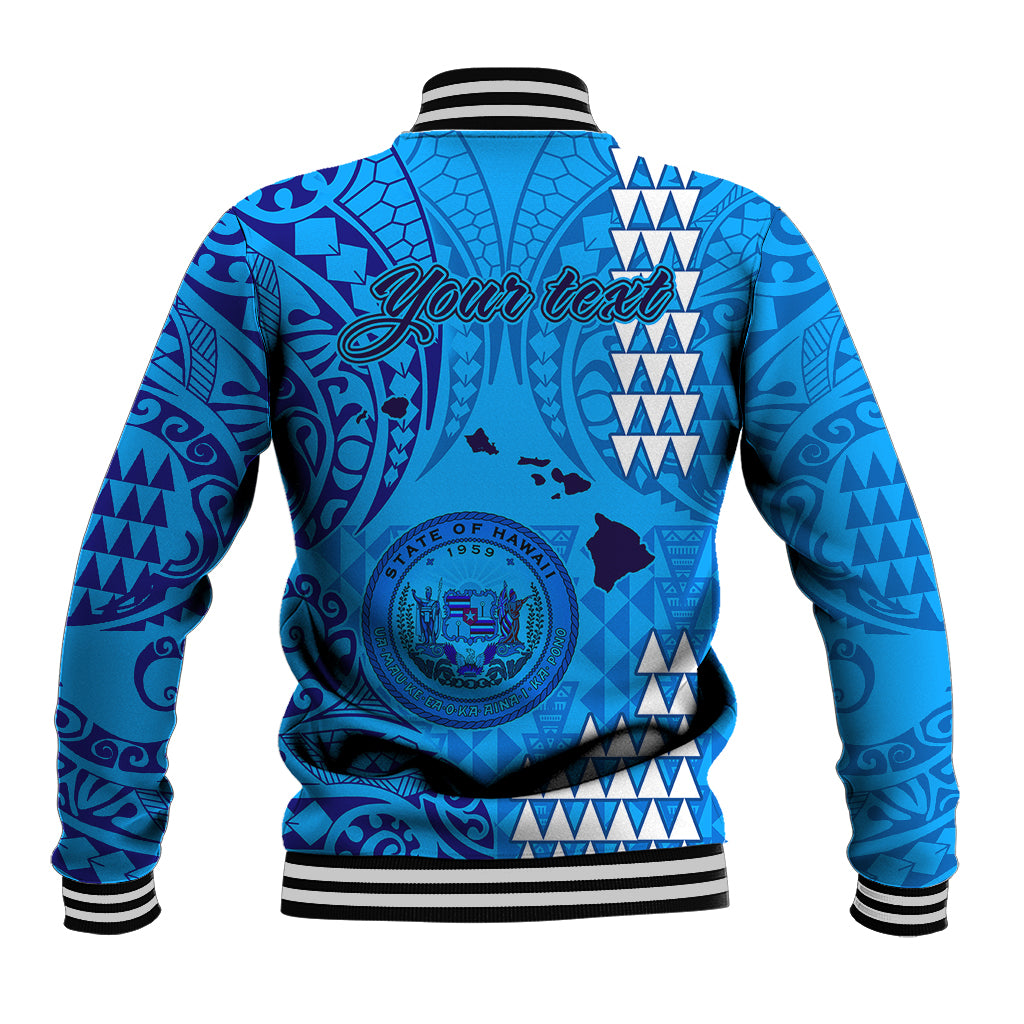 Blue baseball jacket with tribal back graphic, 'Your text' and ribbed striped collar
