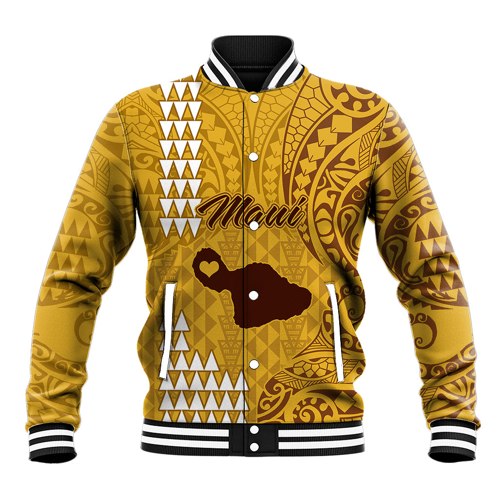 Gold baseball jacket with polynesian tribal pattern, heart graphic, snap front, striped cuffs