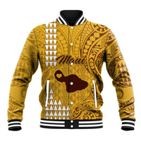 Gold baseball jacket with polynesian tribal pattern, heart graphic, snap front, striped cuffs