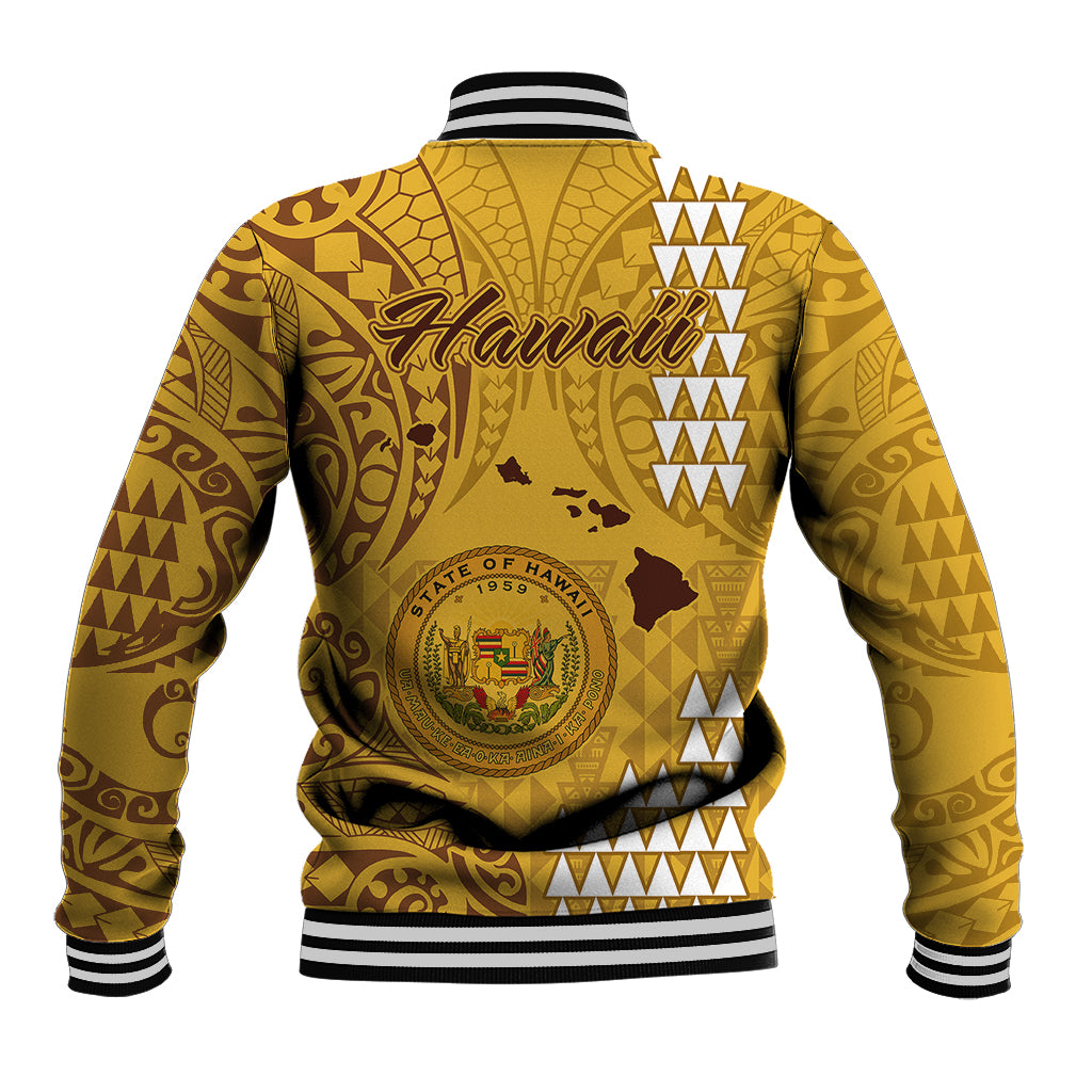 Gold baseball jacket back with Hawai'i graphic, tribal pattern, striped ribbed collar and cuffs