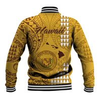 Gold baseball jacket back with Hawai'i graphic, tribal pattern, striped ribbed collar and cuffs