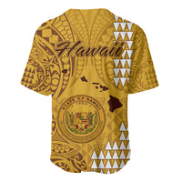 Gold baseball jersey with Hawaii wordmark and state seal, back tribal pattern design