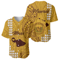 Gold baseball jersey with Maui and Hawaii graphics, tribal patterns and buttoned V-neck