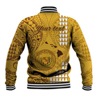 Gold baseball jacket back with tribal print, 'Your text' and Hawaii crest, striped ribbing