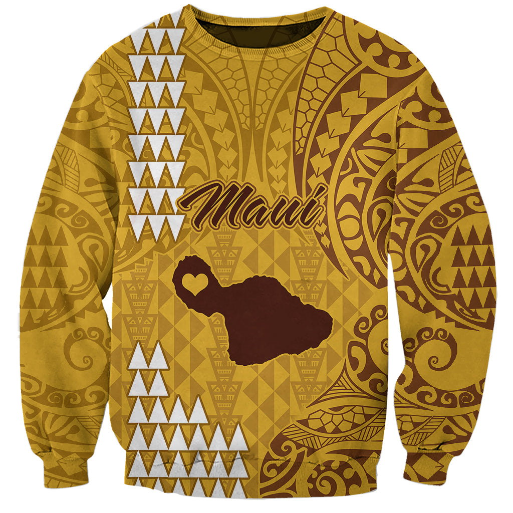 Gold unisex sweatshirt with Maui script, island silhouette, and tribal polynesian patterns