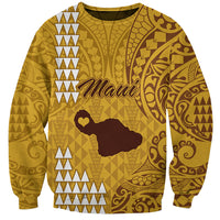 Gold unisex sweatshirt with Maui script, island silhouette, and tribal polynesian patterns
